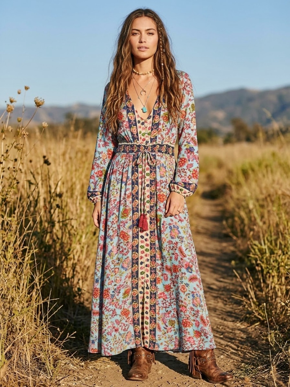 Devi Boho Floral Long Sleeve Maxi Dress